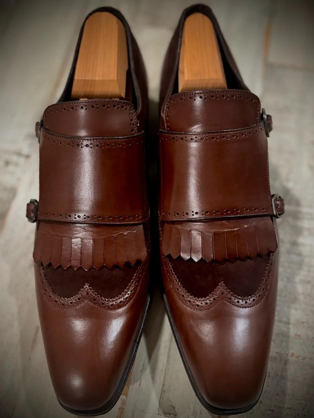 Mezlan Brown Leather Double Monk Fringe Dress Shoes. Classic and beautiful.